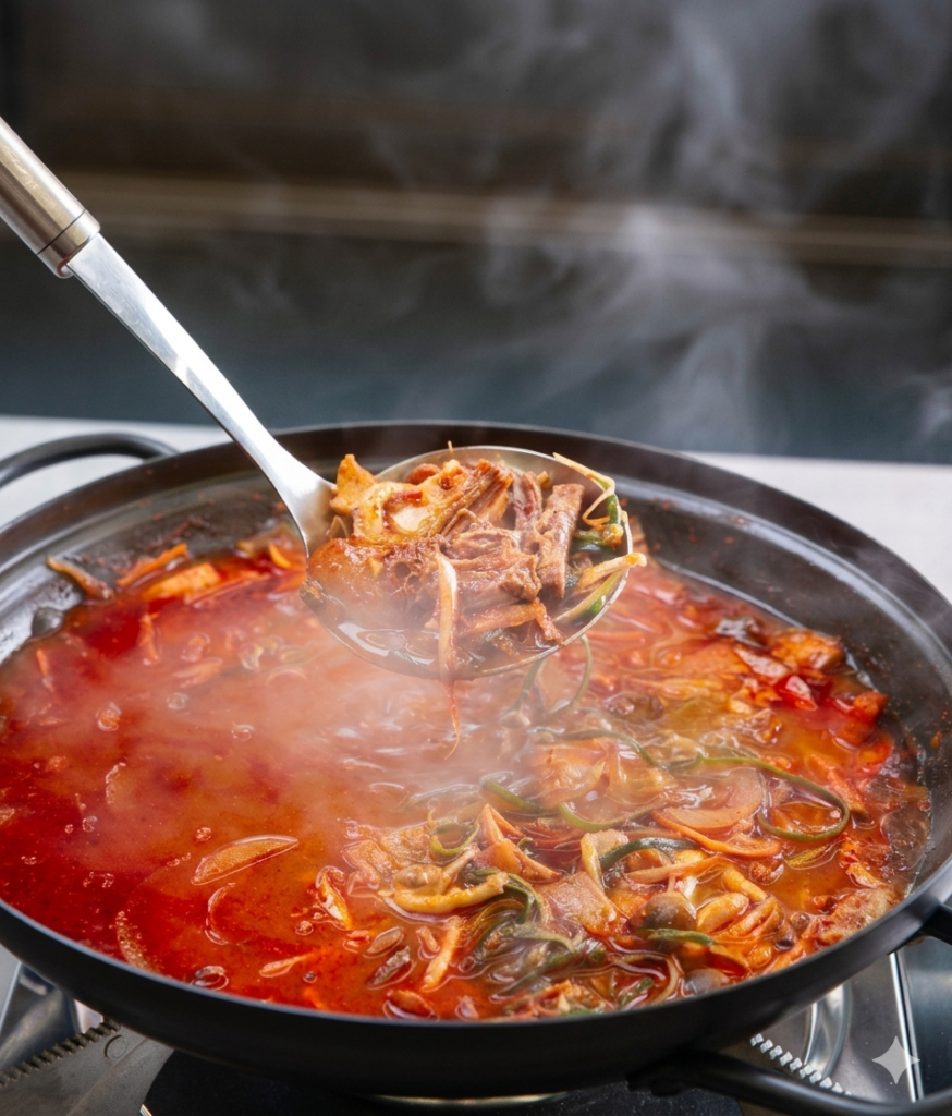 대구 북구 바름식당의 대표 메뉴, 진한 특제 비법 육수에 마블링이 뛰어난 1++ 일품한우 생고기와 신선한 야채가 푸짐하게 들어가 보글보글 끓고 있는 얼큰한 한우소찌개